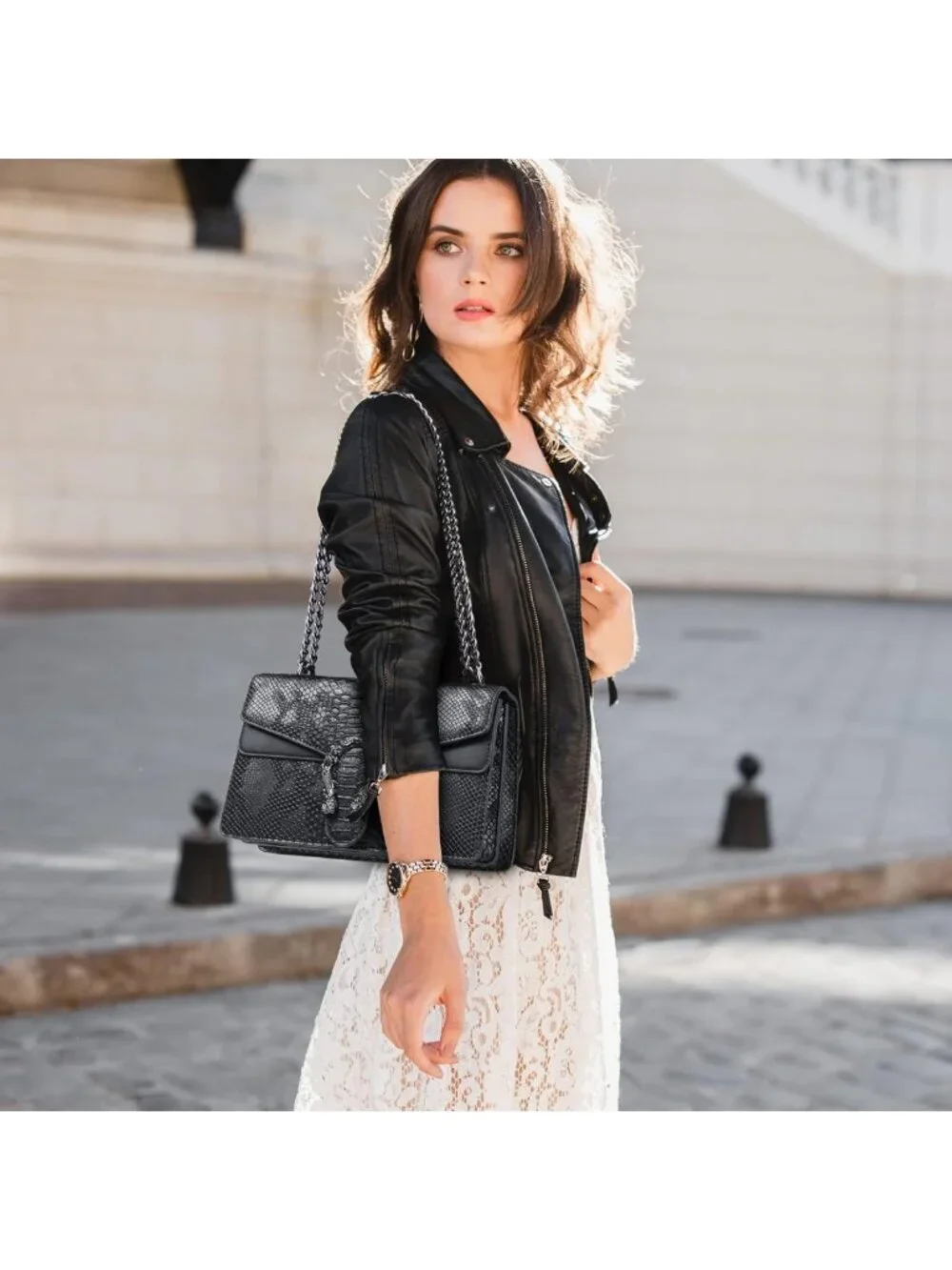 Stylish Snake Print Crossbody Bag - Leather Clutch Purse with Chain Strap for